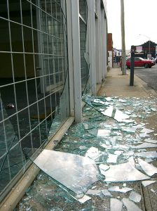 Smashed Shop Front Window in Old Ford